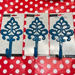 New Set of 3 Antique Teal Blue Decorative Metal Wall Hooks